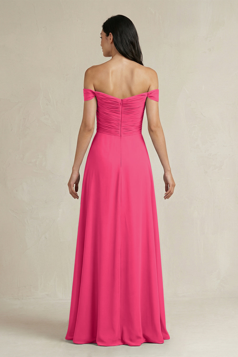 A-Line Pleated Off-the-Shoulder Chiffon Bridesmaid Dress in Fuchsia
