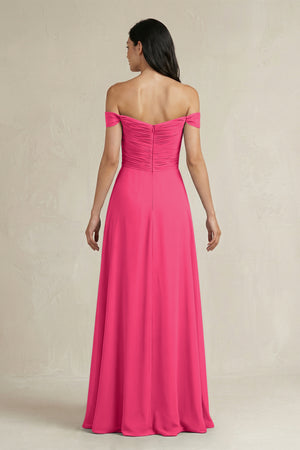 Fuchsia A-Line Pleated Off-the-Shoulder Chiffon Bridesmaid Dress (2) | KISSBRIDAL