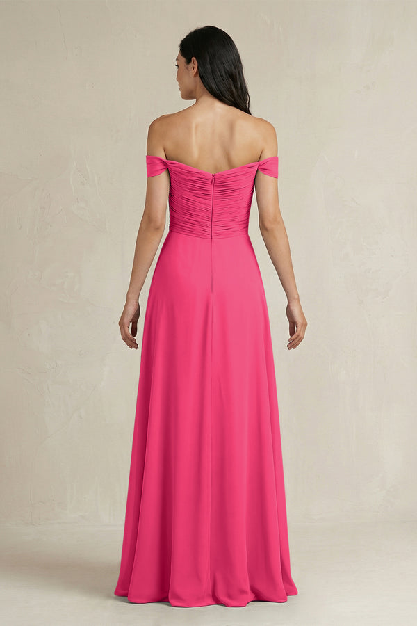 Fuchsia A-Line Pleated Off-the-Shoulder Chiffon Bridesmaid Dress (2) | KISSBRIDAL