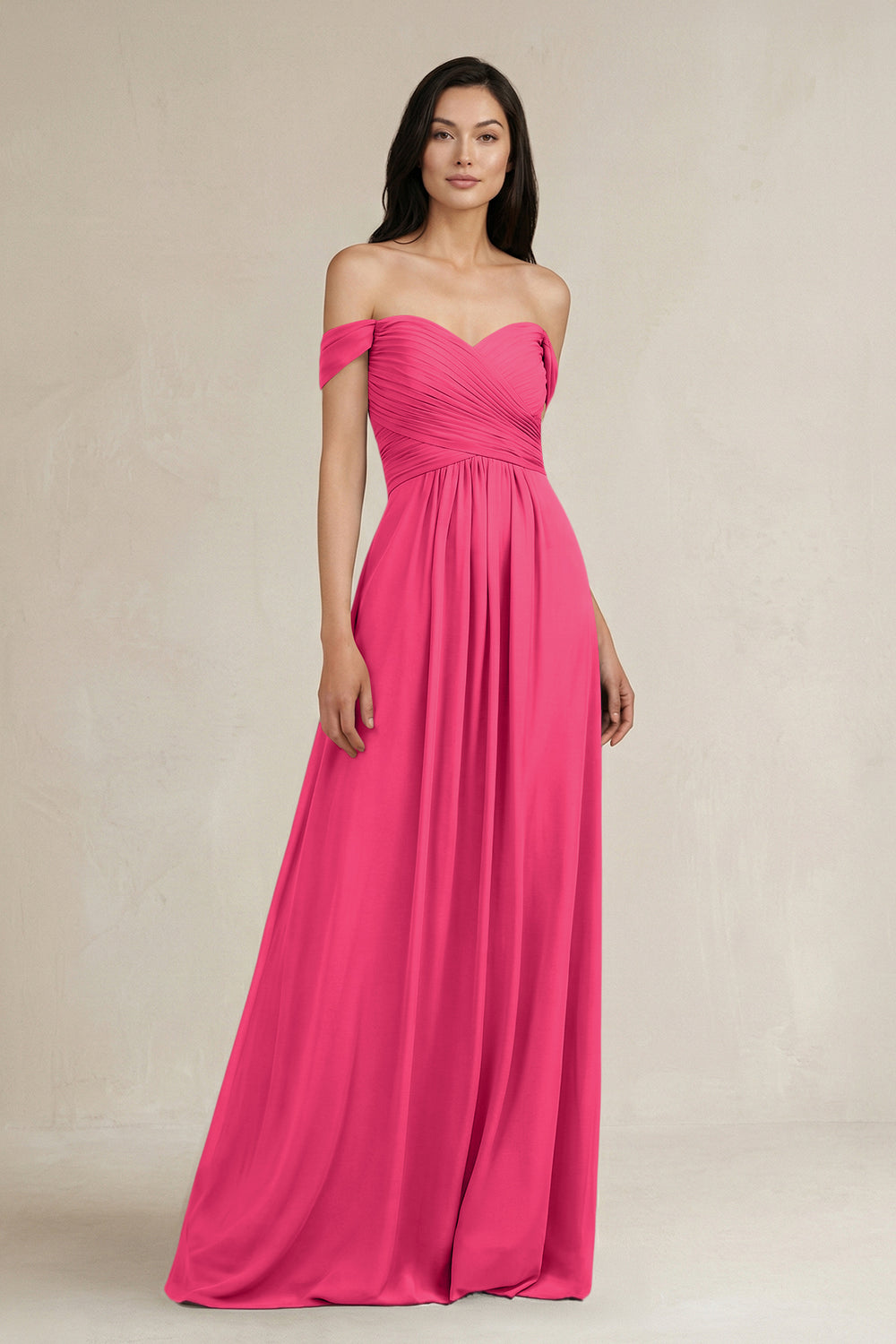 A-Line Pleated Off-the-Shoulder Chiffon Bridesmaid Dress in Fuchsia