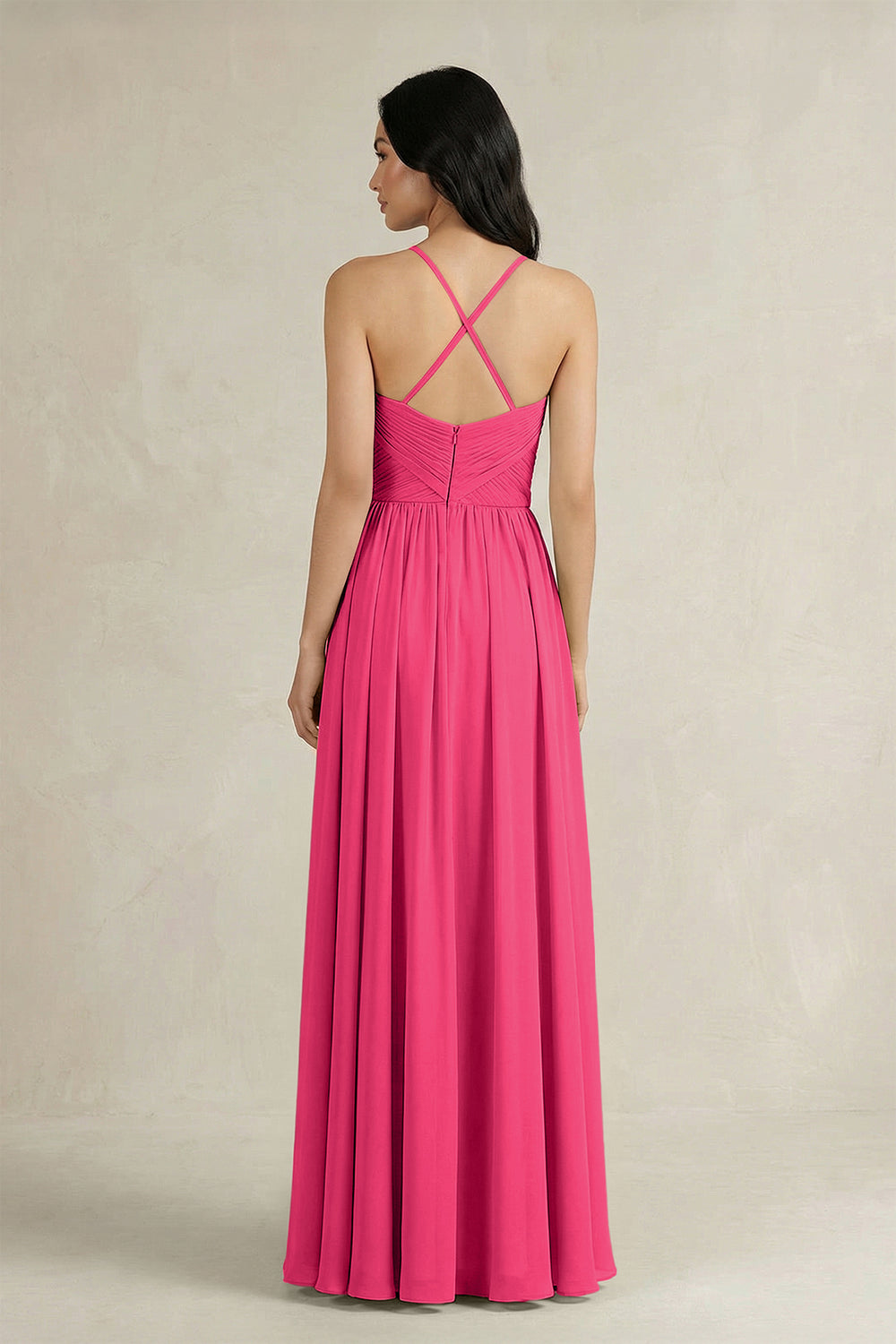 A-Line Pleated Spaghetti Strap Chiffon Bridesmaid Dress in Fuchsia