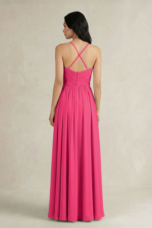 Fuchsia A-Line Pleated Spaghetti Strap Chiffon Bridesmaid Dress (2) | KISSBRIDAL