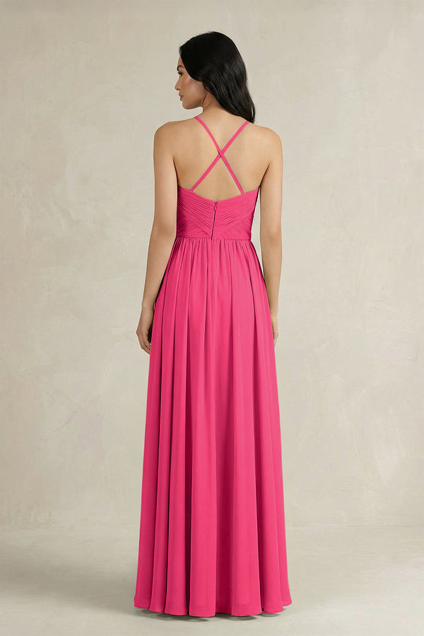 Fuchsia A-Line Pleated Spaghetti Strap Chiffon Bridesmaid Dress (2) | KISSBRIDAL