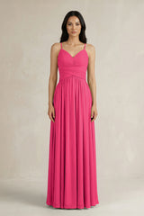 Fuchsia A-Line Pleated Spaghetti Strap Chiffon Bridesmaid Dress | KISSBRIDAL