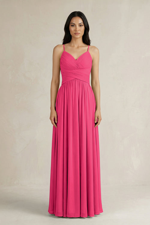 Fuchsia A-Line Pleated Spaghetti Strap Chiffon Bridesmaid Dress | KISSBRIDAL