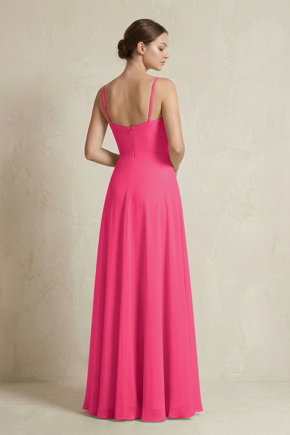 A-Line Ruffled Spaghetti Strap Chiffon Bridesmaid Dress in Fuchsia