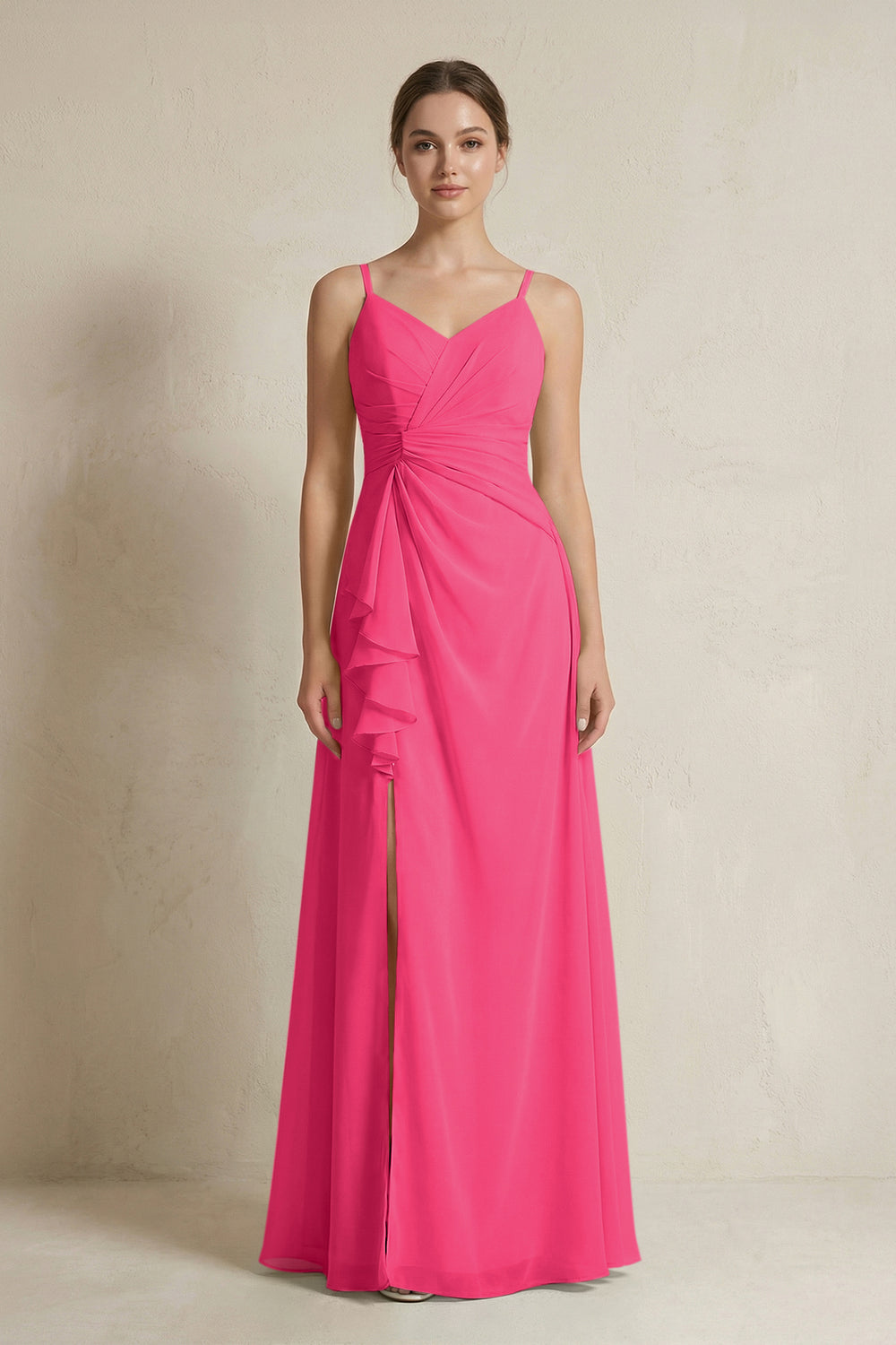 A-Line Ruffled Spaghetti Strap Chiffon Bridesmaid Dress in Fuchsia