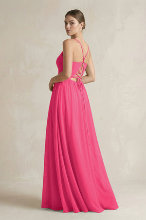 Fuchsia A-Line Spaghetti Strap Chiffon Bridesmaid Dress (2) | KISSBRIDAL
