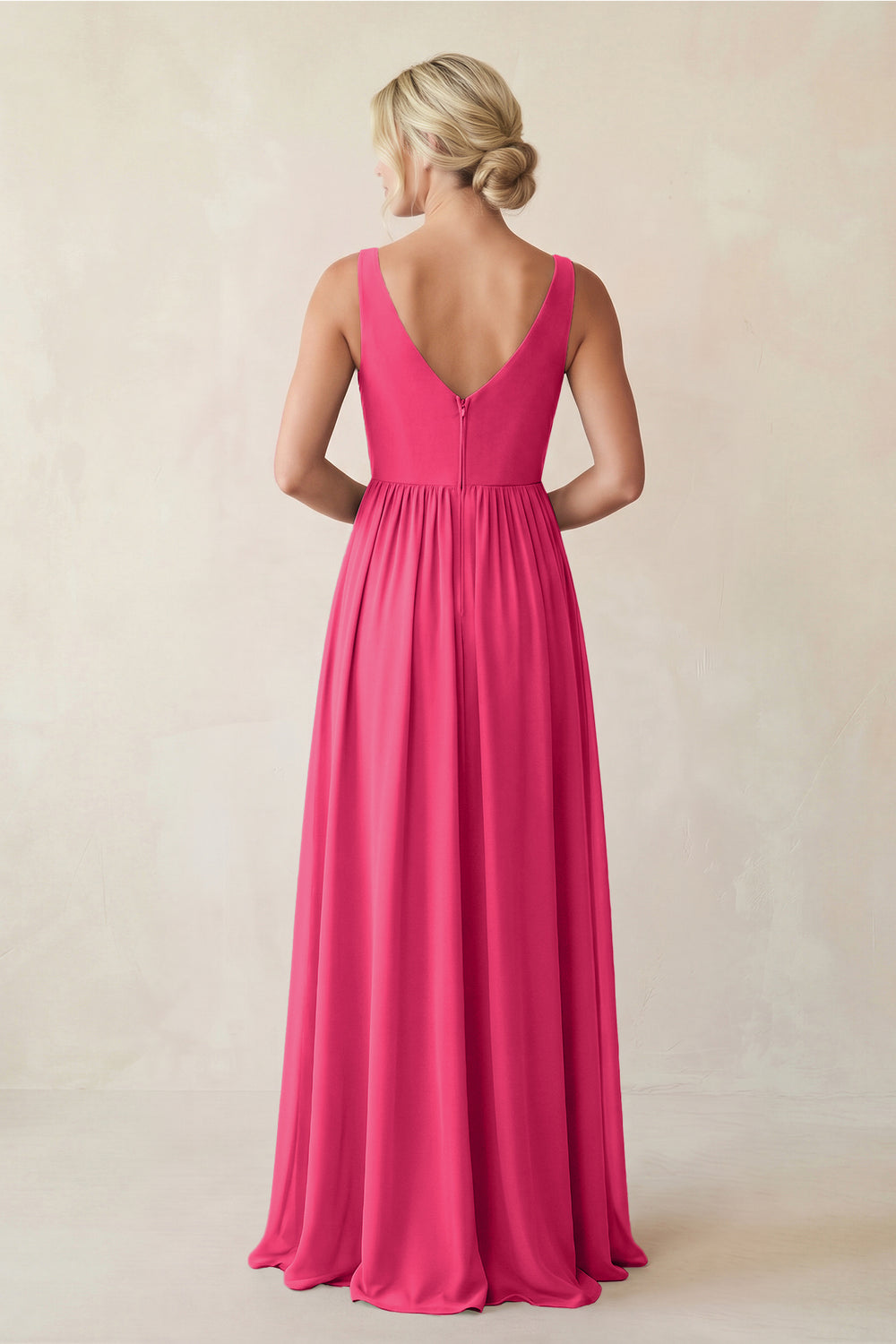 A-Line V-Neck Pleated Chiffon Bridesmaid Dress in Fuchsia