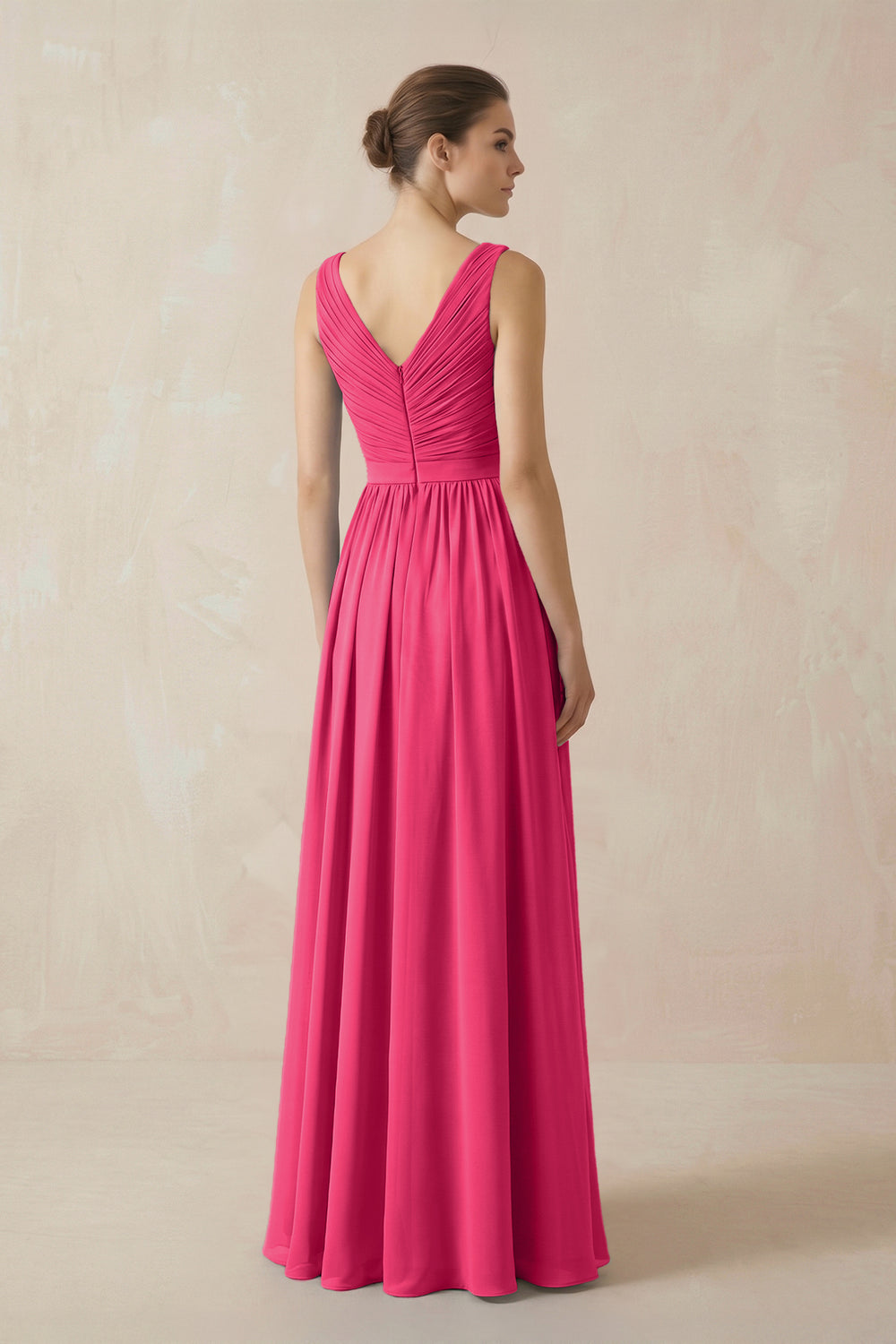 A-Line V-Neck Pleated Chiffon Bridesmaid Dress in Fuchsia
