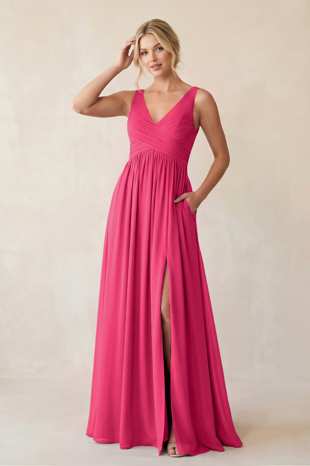 A-Line V-Neck Pleated Chiffon Bridesmaid Dress in Fuchsia