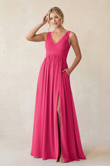 Fuchsia A-Line V-Neck Pleated Chiffon Bridesmaid Dress | KISSBRIDAL