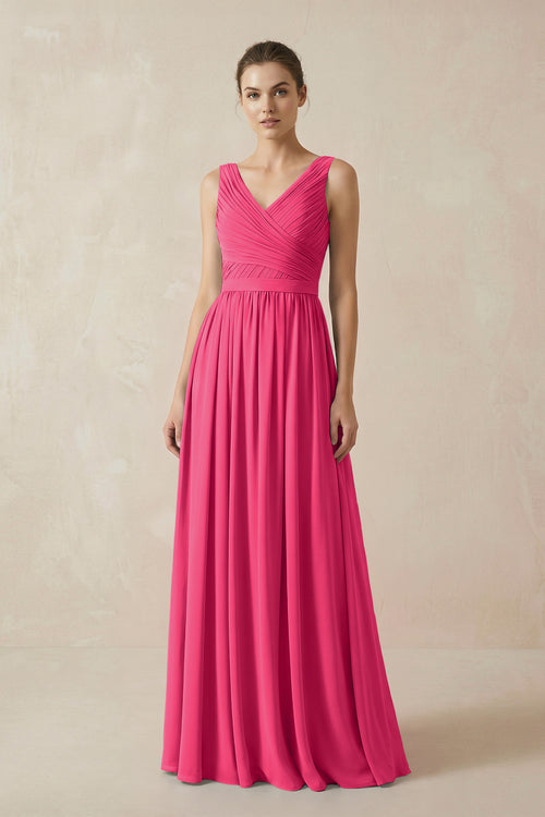 Fuchsia A-Line V-Neck Pleated Chiffon Bridesmaid Dress | KISSBRIDAL