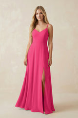 Fuchsia Cami Strap A-Line Chiffon Bridesmaid Dress with Slit | KISSBRIDAL