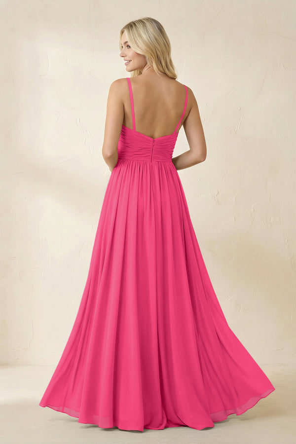 Fuchsia Cami Strap Chiffon A-Line Bridesmaid Dress with Slit (2) | KISSBRIDAL