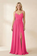 Fuchsia Cami Strap Chiffon A-Line Bridesmaid Dress with Slit | KISSBRIDAL