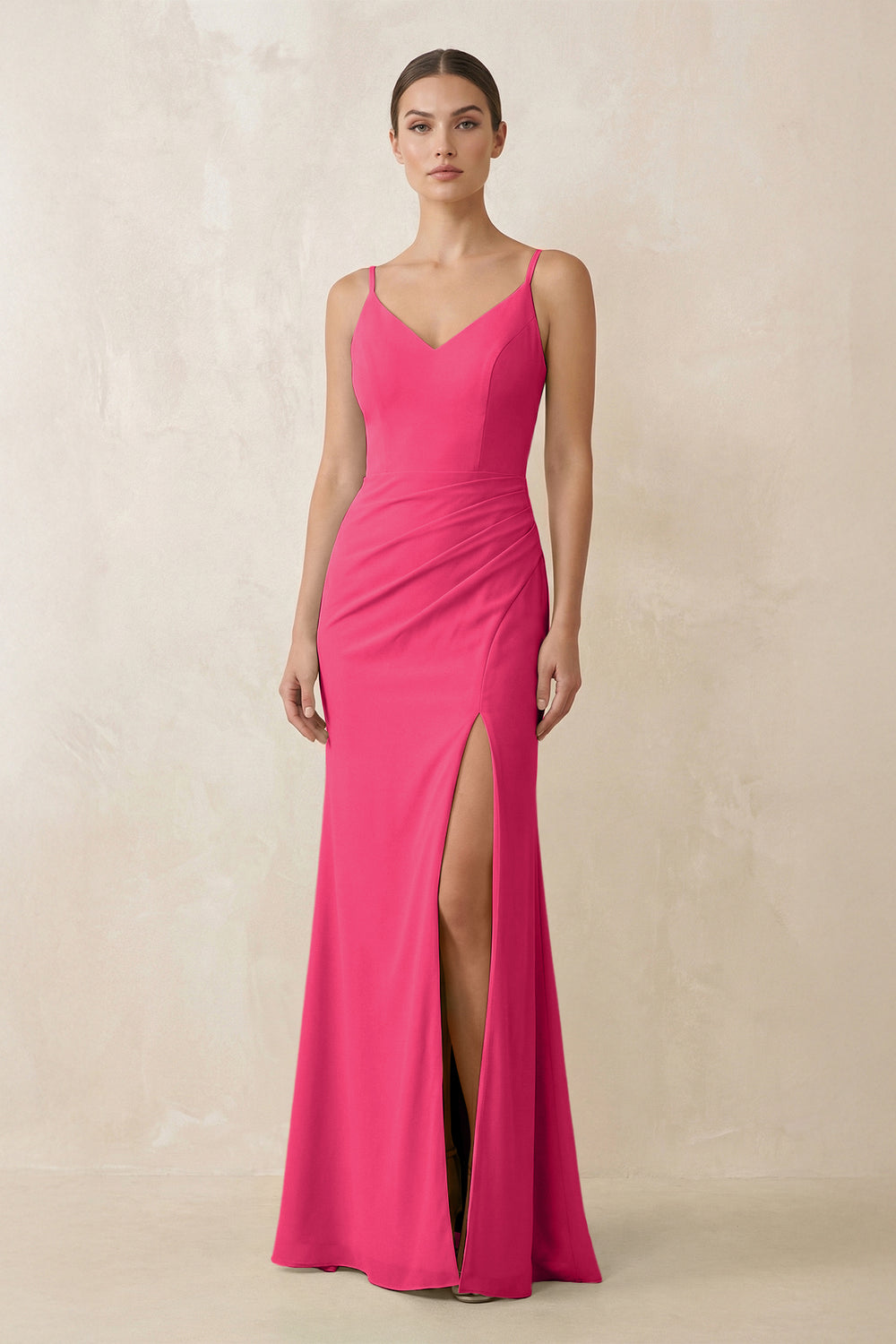 Cami Strap Chiffon Sheath Bridesmaid Gown in Fuchsia