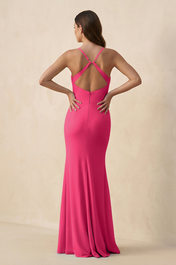 Fuchsia Cami Strap Sheath Chiffon Bridesmaid Dress with Slit (2) | KISSBRIDAL