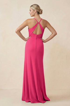 Fuchsia Cami Strap Sheath Ruched Bridesmaid Dress With Slit (2) | KISSBRIDAL