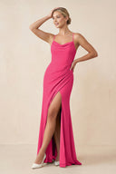 Fuchsia Cami Strap Sheath Ruched Bridesmaid Dress With Slit | KISSBRIDAL