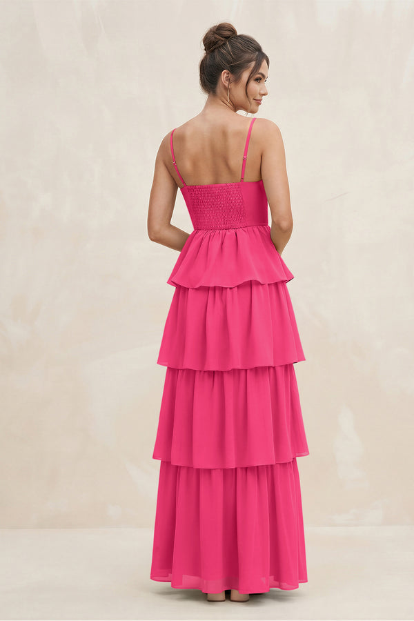 Fuchsia Cami Strap Tiered A-Line Chiffon Bridesmaid Dress (2) | KISSBRIDAL