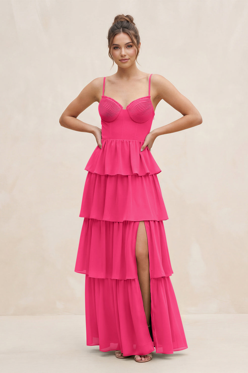 Cami Strap Tiered A-Line Chiffon Bridesmaid Dress in Fuchsia