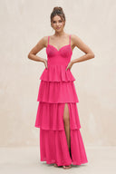 Fuchsia Cami Strap Tiered A-Line Chiffon Bridesmaid Dress | KISSBRIDAL