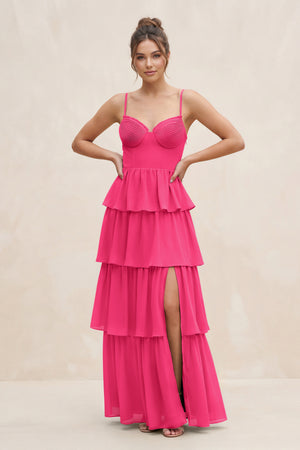 Fuchsia Cami Strap Tiered A-Line Chiffon Bridesmaid Dress | KISSBRIDAL