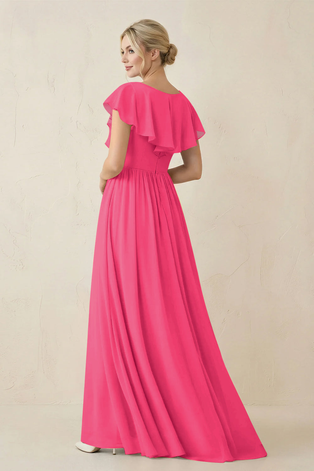 Cap Sleeve A-Line Ruffled Chiffon Bridesmaid Dress in Fuchsia