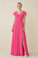 Fuchsia Cap Sleeve A-Line Ruffled Chiffon Bridesmaid Dress | KISSBRIDAL
