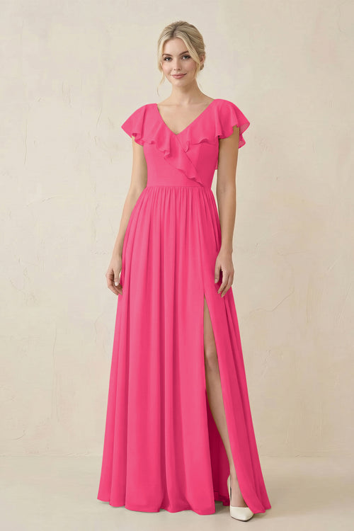 Fuchsia Cap Sleeve A-Line Ruffled Chiffon Bridesmaid Dress | KISSBRIDAL