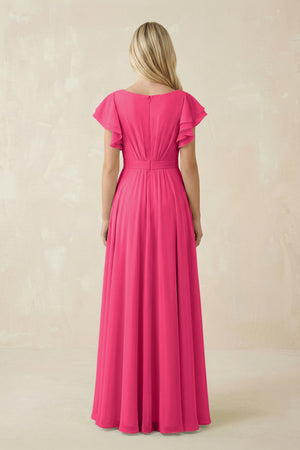 Fuchsia Cap Sleeve Ruffled A-Line Chiffon Bridesmaid Dress (2) | KISSBRIDAL