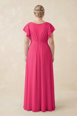 Fuchsia Cap Sleeve Ruffled A-Line Chiffon Bridesmaid Dress (2) | KISSBRIDAL