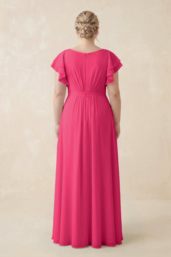 Fuchsia Cap Sleeve Ruffled A-Line Chiffon Bridesmaid Dress (2) | KISSBRIDAL