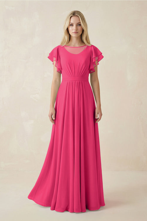 Fuchsia Cap Sleeve Ruffled A-Line Chiffon Bridesmaid Dress | KISSBRIDAL