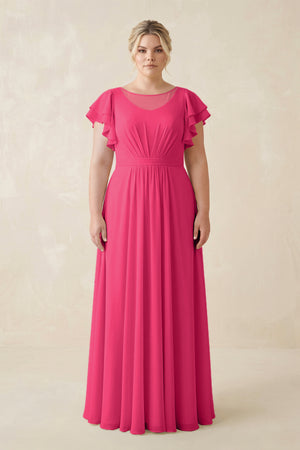 Fuchsia Cap Sleeve Ruffled A-Line Chiffon Bridesmaid Dress | KISSBRIDAL