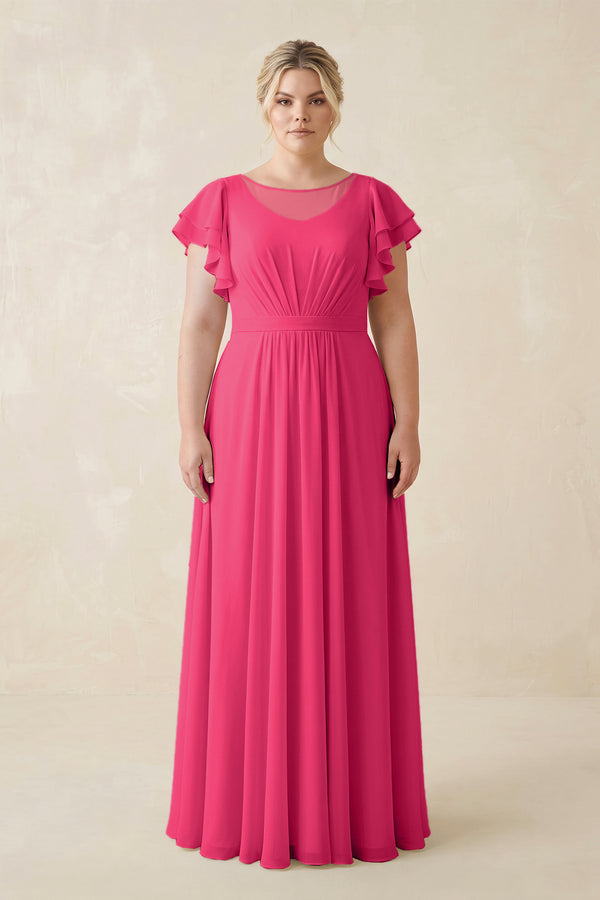 Fuchsia Cap Sleeve Ruffled A-Line Chiffon Bridesmaid Dress | KISSBRIDAL