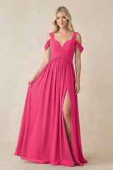 Fuchsia Chiffon A-Line Bridesmaid Dress with Slit | KISSBRIDAL