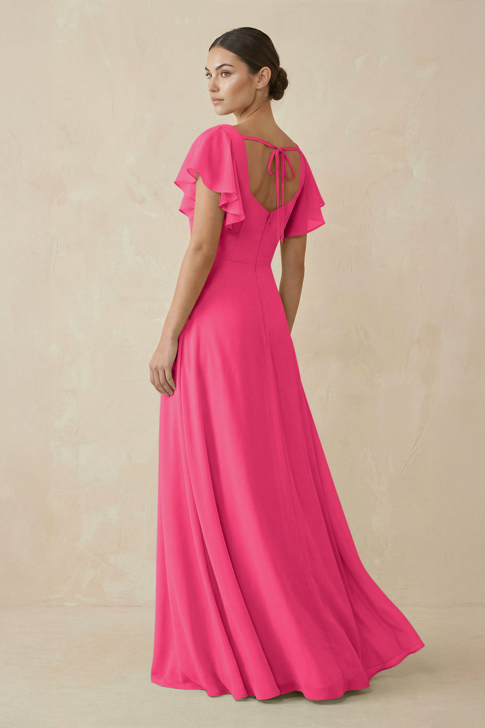 Chiffon A-Line Long Bridesmaid Dress with Flutter Sleeves in Fuchsia