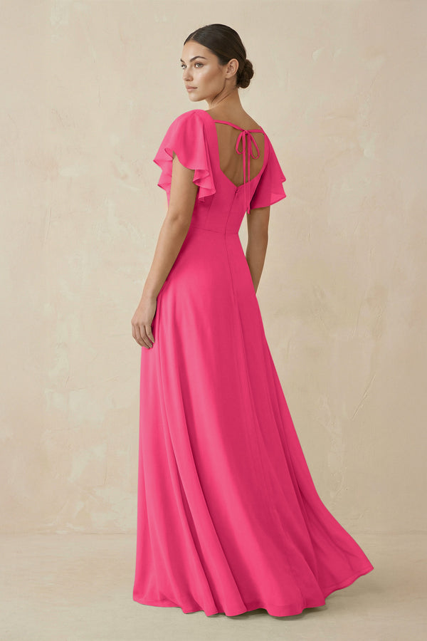 Fuchsia Chiffon A-Line Long Bridesmaid Dress with Flutter Sleeves (2) | KISSBRIDAL