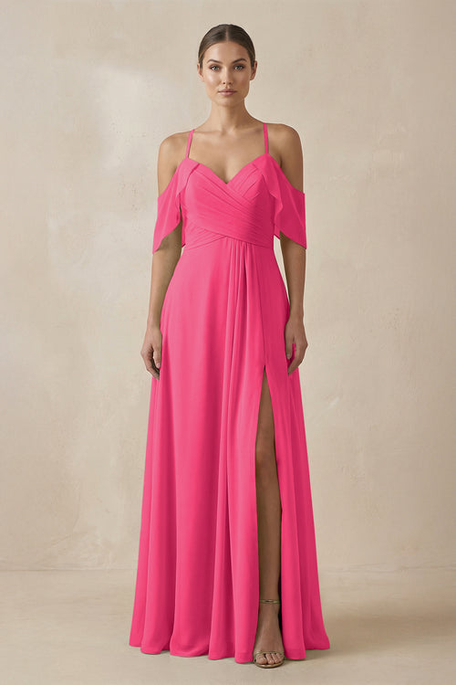 Fuchsia Chiffon A-Line Long Bridesmaid Dress | KISSBRIDAL