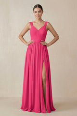 Fuchsia Chiffon A-Line Pleated Bridesmaid Dress | KISSBRIDAL