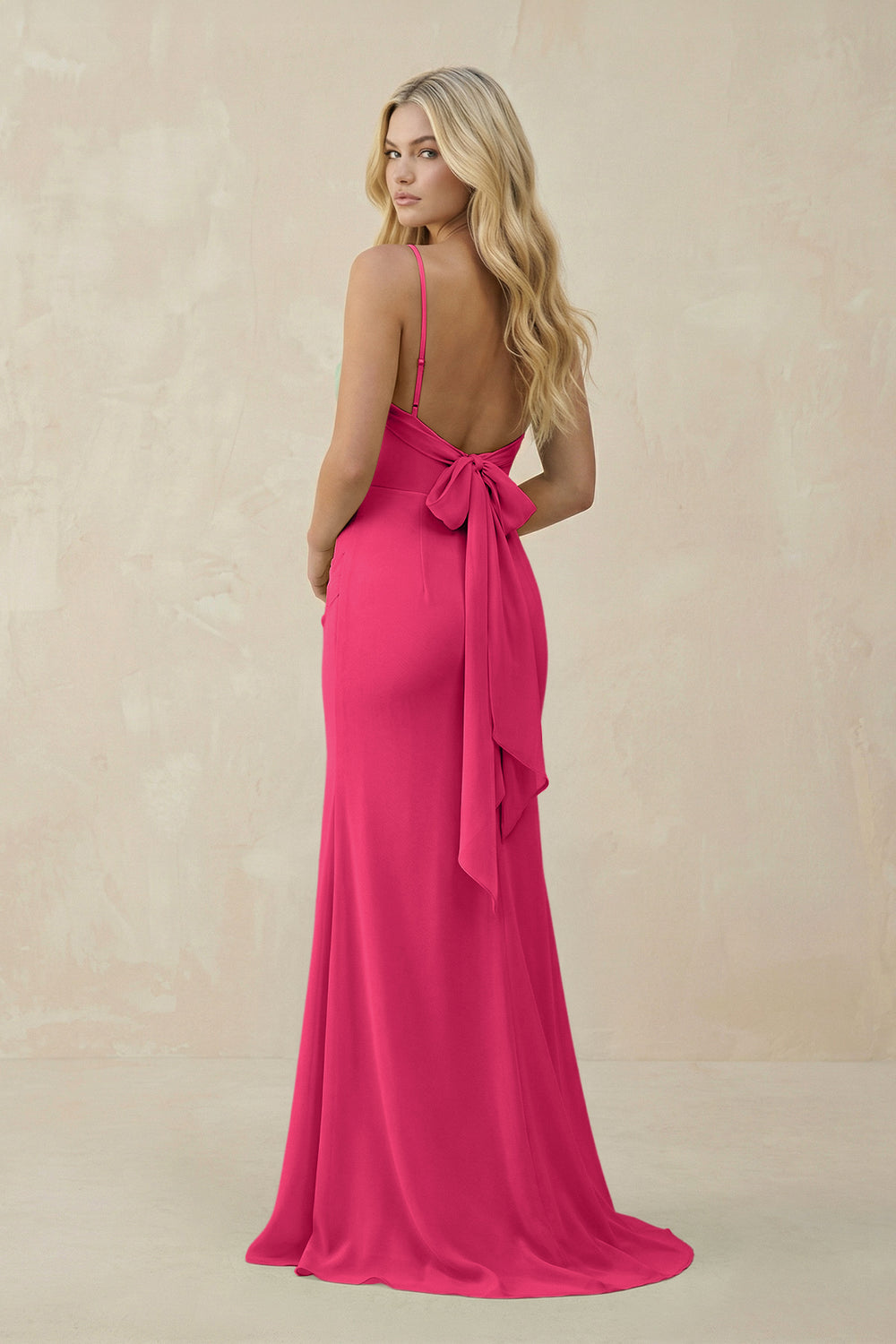 Cowl Neck Sheath Chiffon Bridesmaid Dress with Corset in Fuchsia