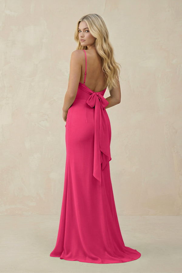 Fuchsia Cowl Neck Sheath Chiffon Bridesmaid Dress with Corset (2) | KISSBRIDAL
