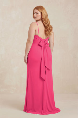 Fuchsia Cowl Neck Sheath Chiffon Bridesmaid Dress with Corset (2) | KISSBRIDAL