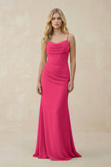 Fuchsia Cowl Neck Sheath Chiffon Bridesmaid Dress with Corset | KISSBRIDAL