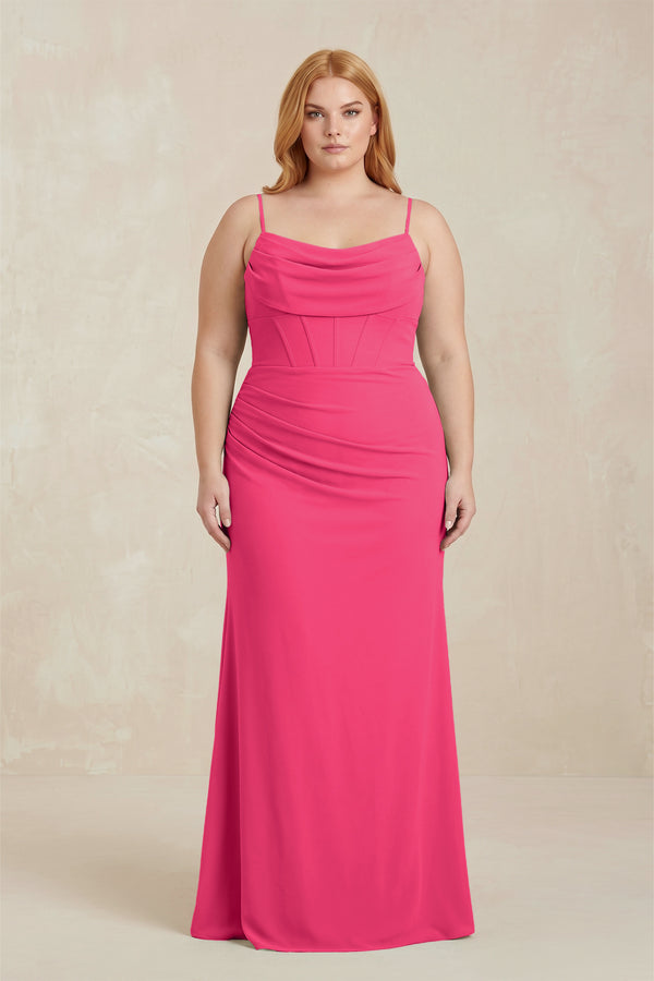 Fuchsia Cowl Neck Sheath Chiffon Bridesmaid Dress with Corset | KISSBRIDAL