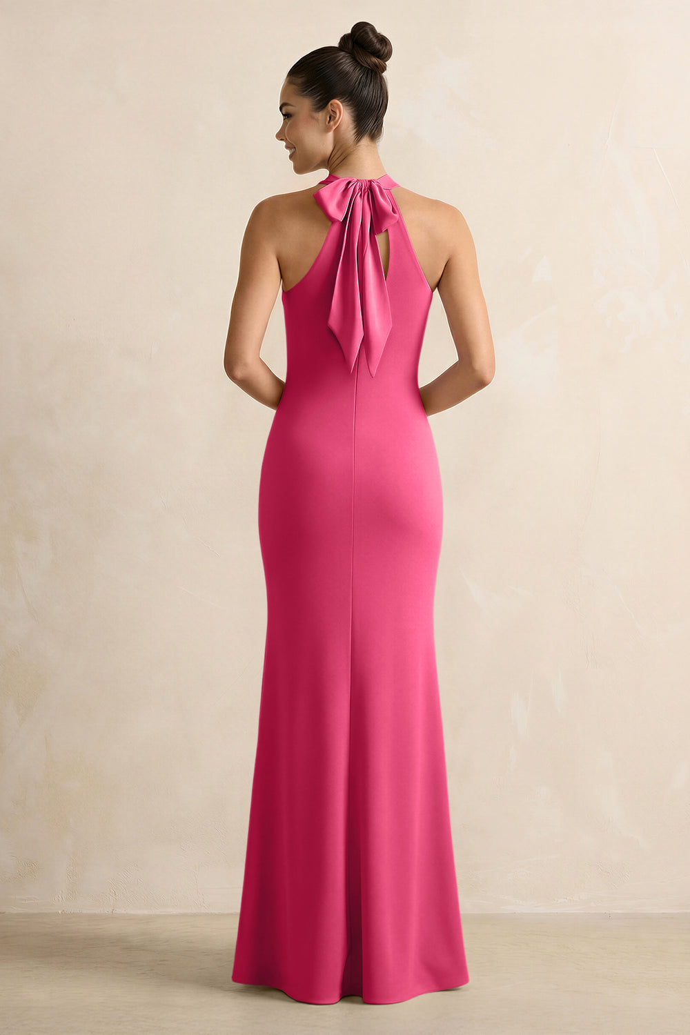Crisscross Halter Sheath Satin Bridesmaid Dress with Bow in Fuchsia