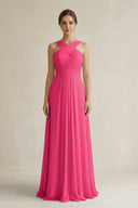 Fuchsia Cross Halter Chiffon A-Line Pleated Bridesmaid Dress | KISSBRIDAL