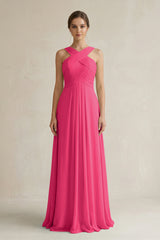 Fuchsia Cross Halter Chiffon A-Line Pleated Bridesmaid Dress | KISSBRIDAL